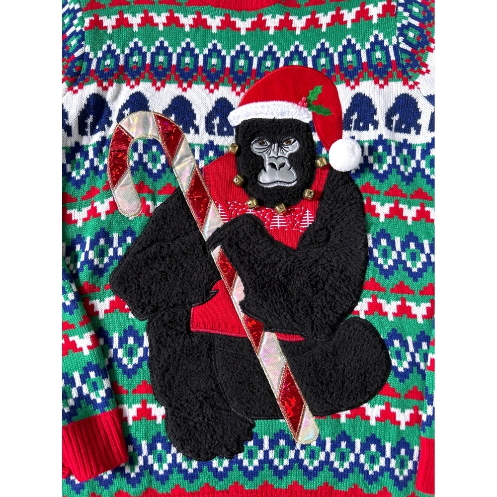 Holiday Time Gorilla Ugly Christmas Sweater Men Red Green Fair Isle XL - Picture 3 of 6